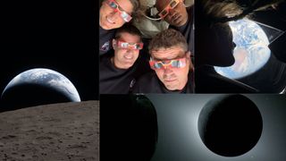 Four images next to each other show the surface of the moon, a dark sphere of the moon covering the sun, four astronauts wearing eclipse glasses, and a female astronaut looking up at Earth.
