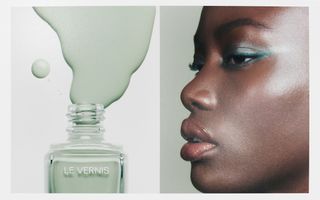 Chanel Spring Collection: close-up of light green nail polish next to an image of a woman wearing green eye shadow