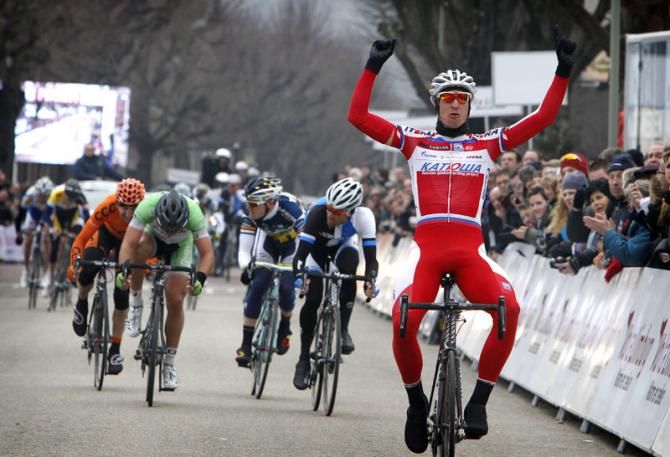 Rudiger Selig (Katusha) celebrates as he crosses the finish line at the Volta Limburg Classic