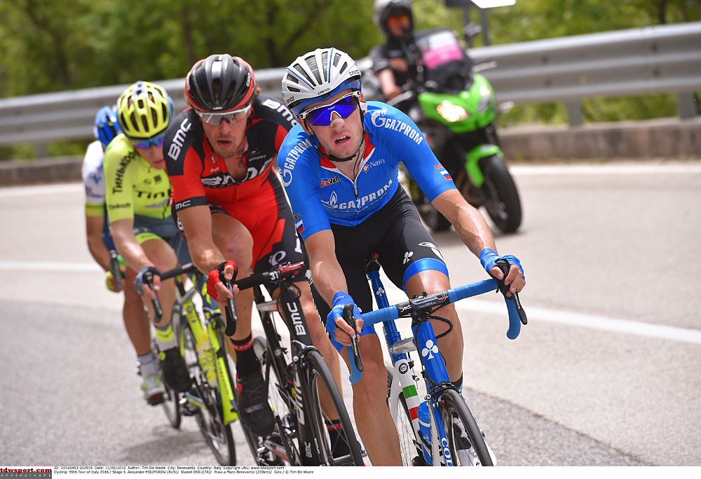 Giro d'Italia stage 5 breakaway: Daniel Oss (BMC), Alexander Foliforov (Gazprom), Amets Txurukka (Orica-GreenEdge), Pavel Brutt (Katusha)