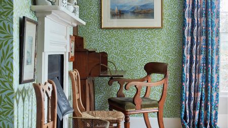 Bedroom with Morris & Co green wallpaper