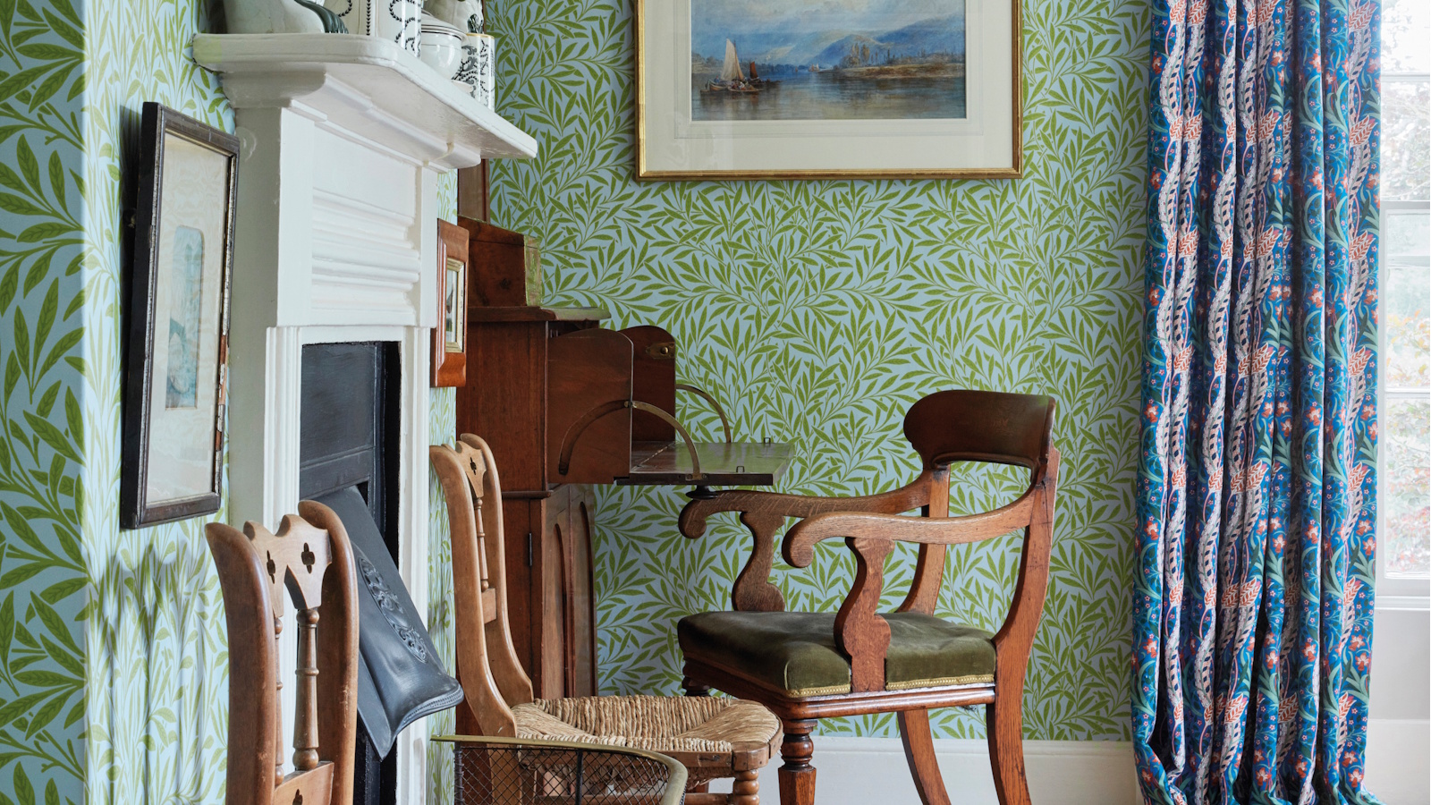 Bedroom with Morris &amp; Co green wallpaper
