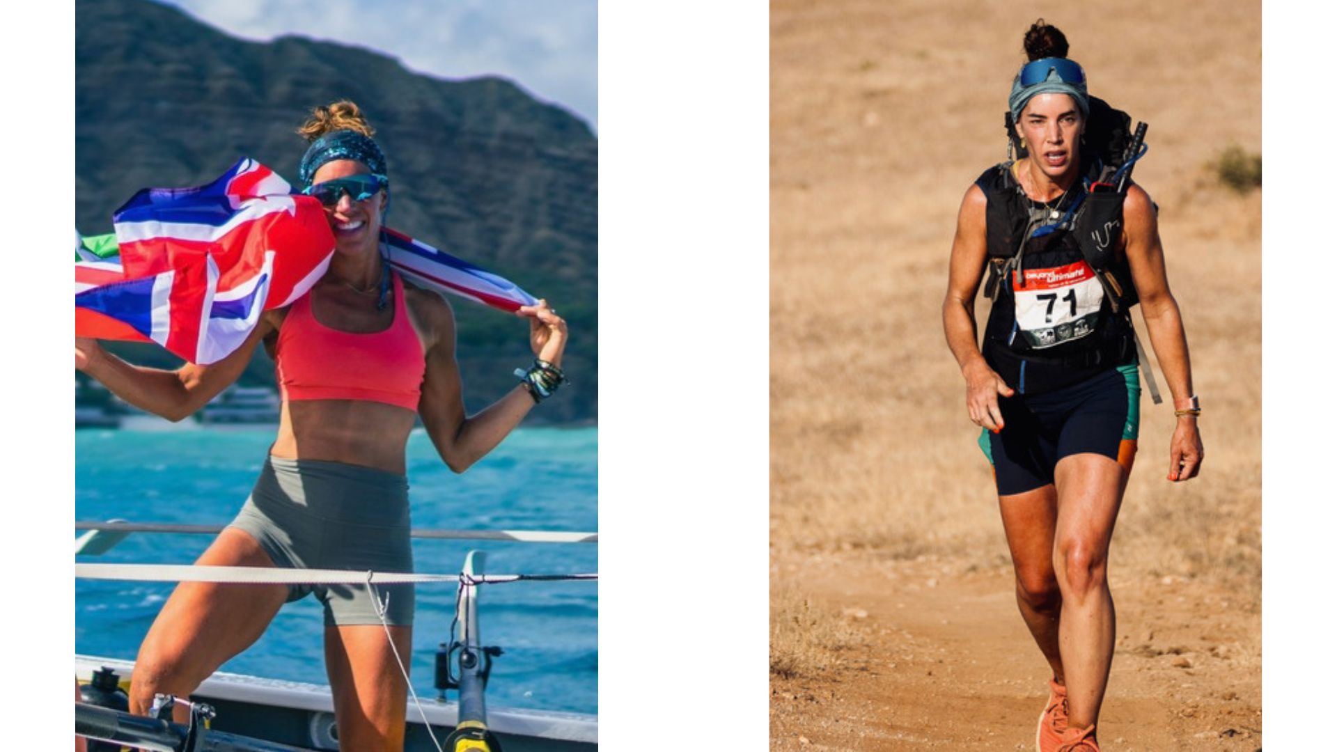 Left: Vicki Anstey after completing the Great Pacific Race. Right: Vicki running across Kenya