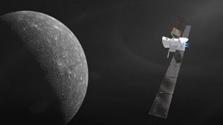 An artist's depiction of the BepiColombo spacecraft nearing their target, Mercury.