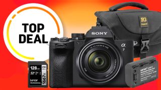 A Sony A7 camera with a lens, Lexar 128GB memory card, battery, and a Ruggard camera bag, all labeled as a "Top Deal"