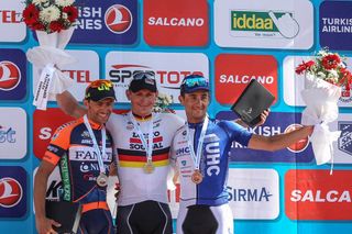 Daniele Colli, Andre Greipel and Daniele Ratto on the podium following Stage 4 of the 2015 Tour of Turkey