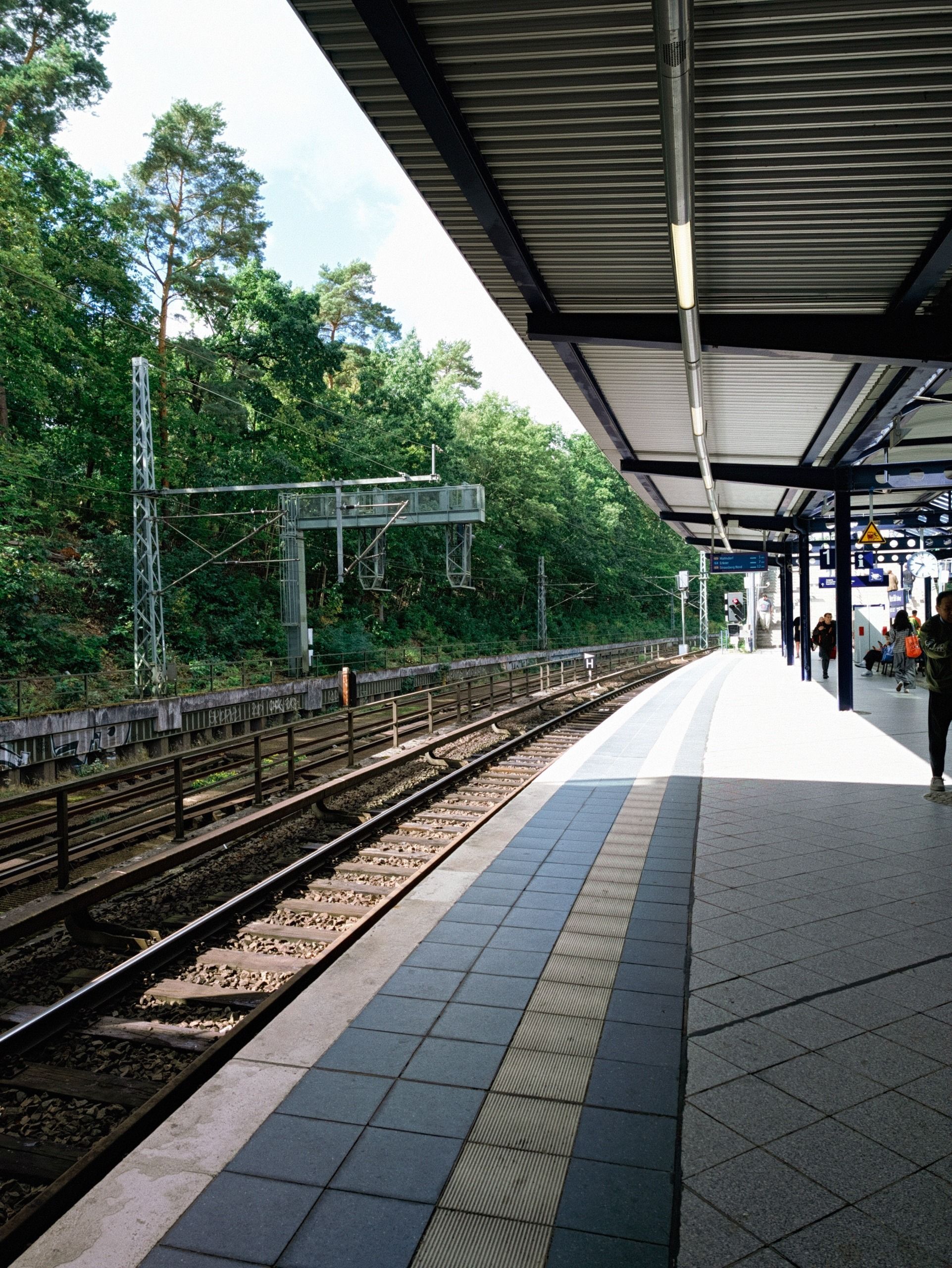Quiet railway platform with tracks running alongside wooded embankments.