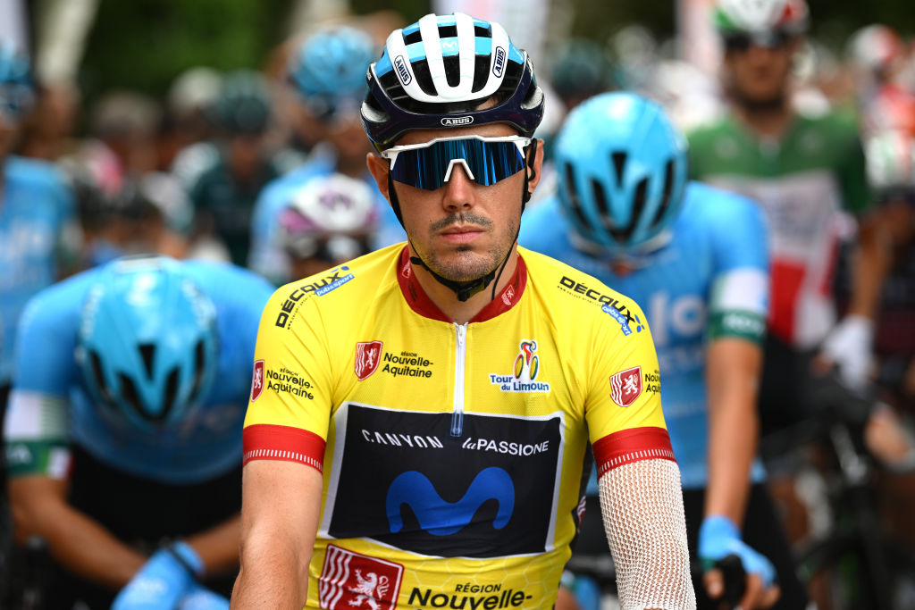 LIMOGES FRANCE AUGUST 18 Alex Aranburu Deba of Spain and Movistar Team Yellow Leader Jersey prior to the 55th Tour du Limousin Nouvelle Aquitaine 2022 Stage 3 a 1817km stage from Donzenac to Malemort TDL2022 on August 18 2022 in Limoges France Photo by Dario BelingheriGetty Images
