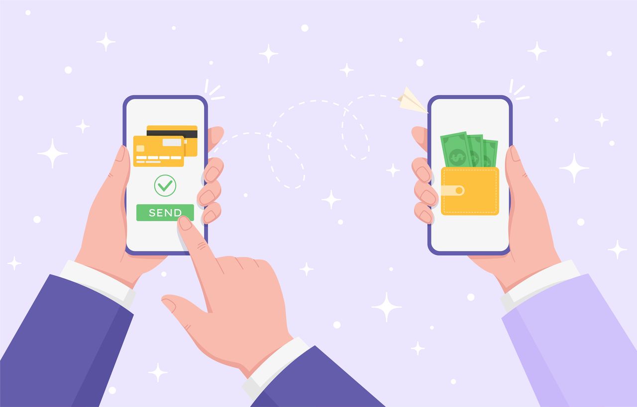 Illustration of hands holding smartphones with online banking payment apps.