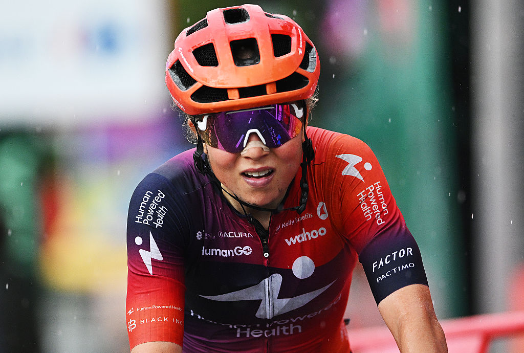 SANT BOI DE LLOBREGAT, SPAIN - MAY 05: Mona Mitterwallner of Austria and Team Human Powered Health crosses the finish line during the 11th La Vuelta Femenina 2025, Stage 2 a 99km stage from Molins de Rei to Sant Boi de Llobregat / #UCIWWT / on May 05, 2025 in Sant Boi de Llobregat, Spain. (Photo by Szymon Gruchalski/Getty Images)