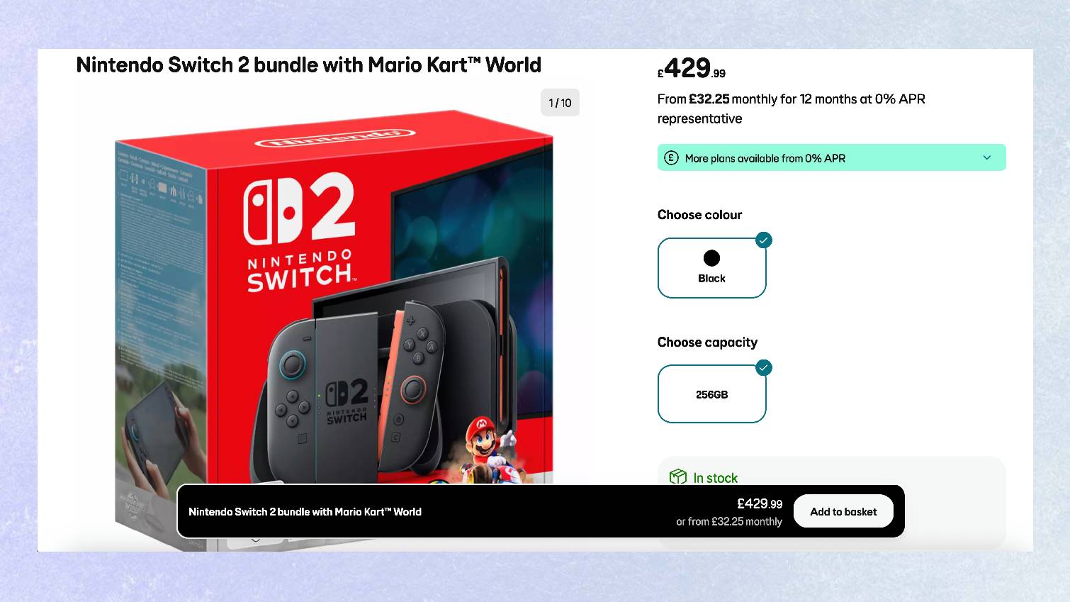 Screenshot of Nintendo Switch 2 Mario Kart World bundle listing page on EE on colored background