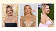 three images of Kate Hudson on the red carpet on a pale yellow background