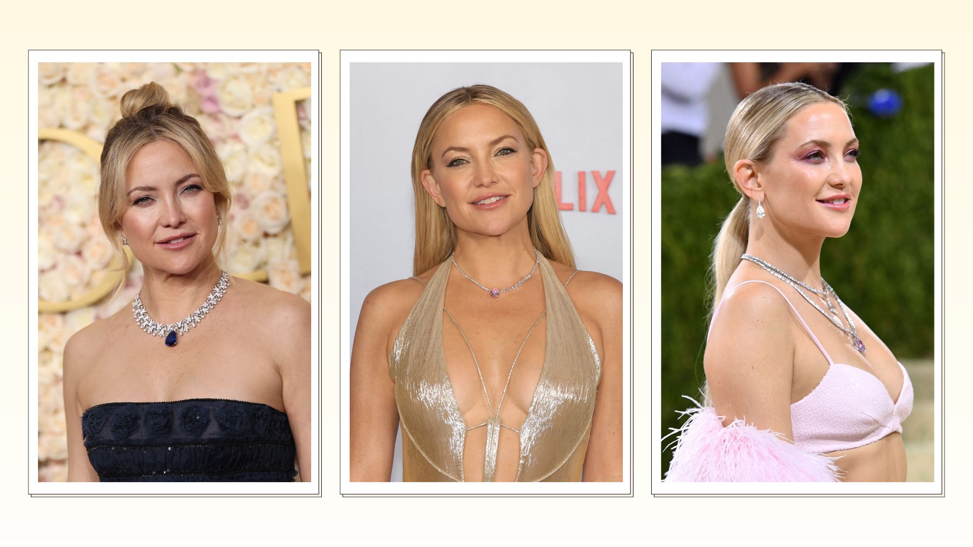 three images of Kate Hudson on the red carpet on a pale yellow background