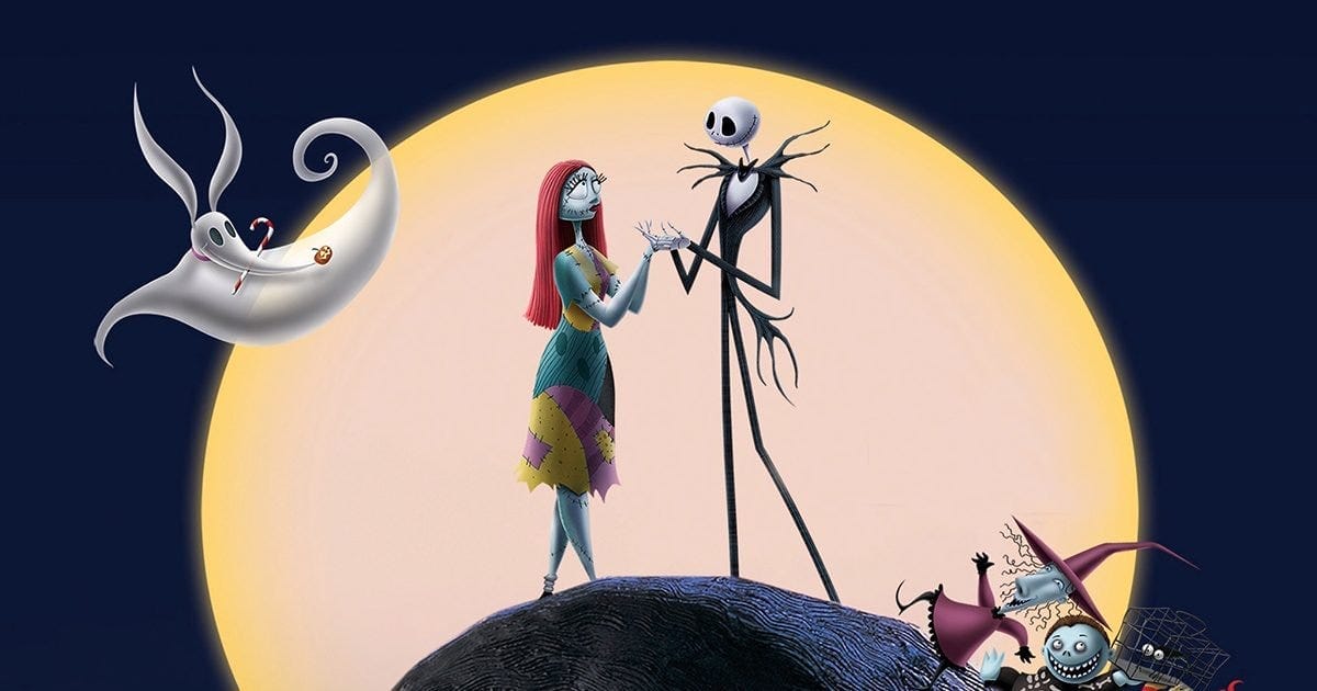 Jack Skellington and Sally hold hands on a dark hill silhouetted against a massive, glowing full moon.