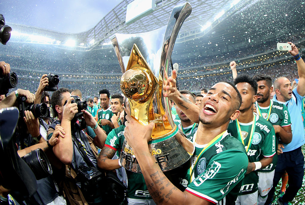 Gabriel Jesus celebrates winning the league title with Palmeiras