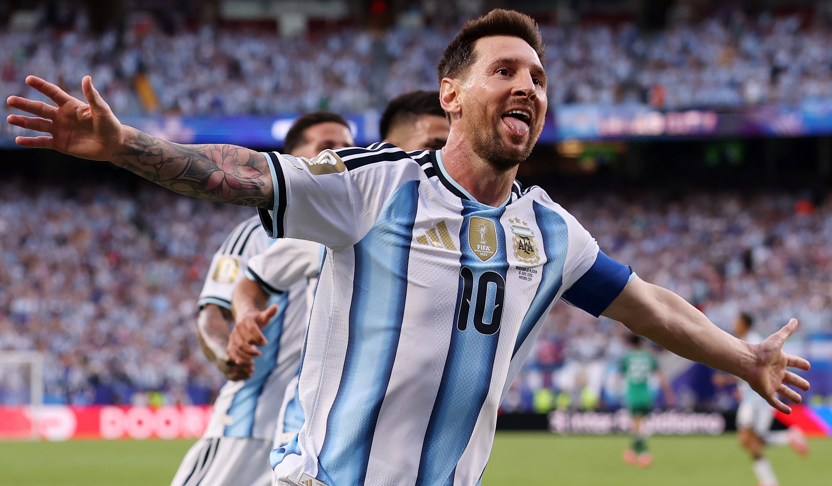 Lionel Messi of Argentina celebrates scoring his team's first goal during the FIFA World Cup 2026 Group J match against Algeria at Kansas City Stadium on June 16, 2026 in Kansas City, Missouri