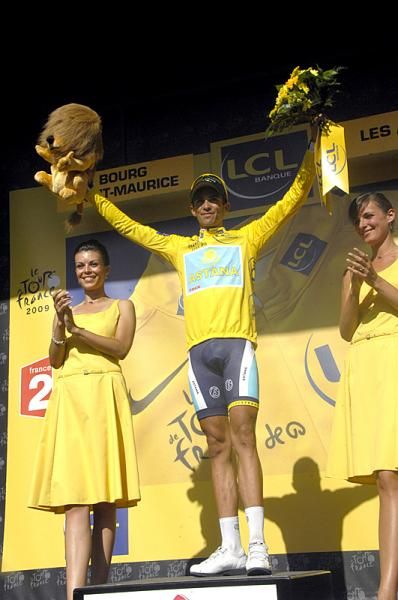 Alberto Contador (Astana) in yellow after stage 16.