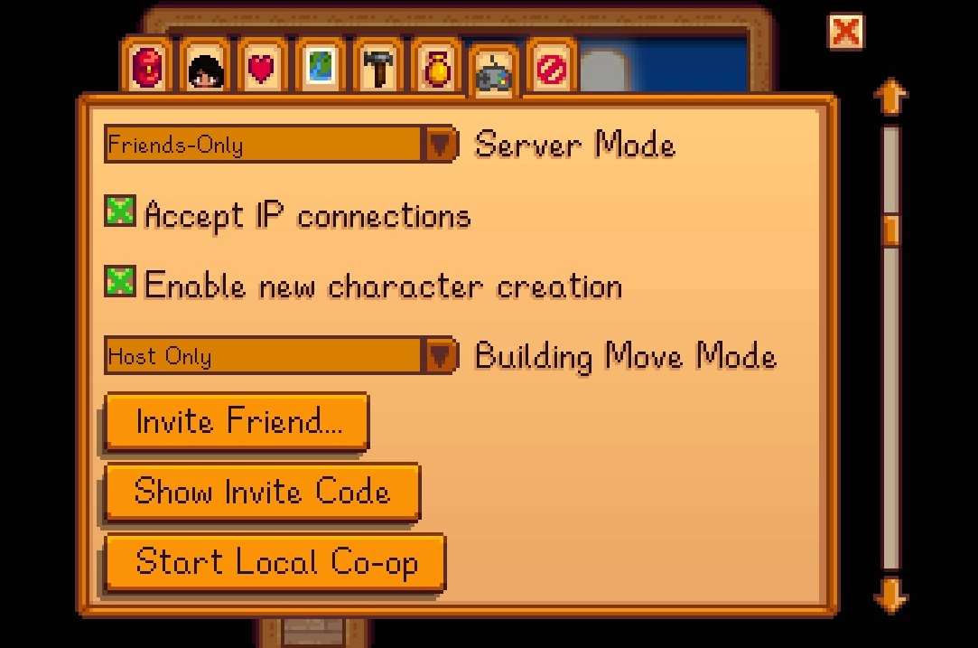 Stardew Valley's co-op options screen