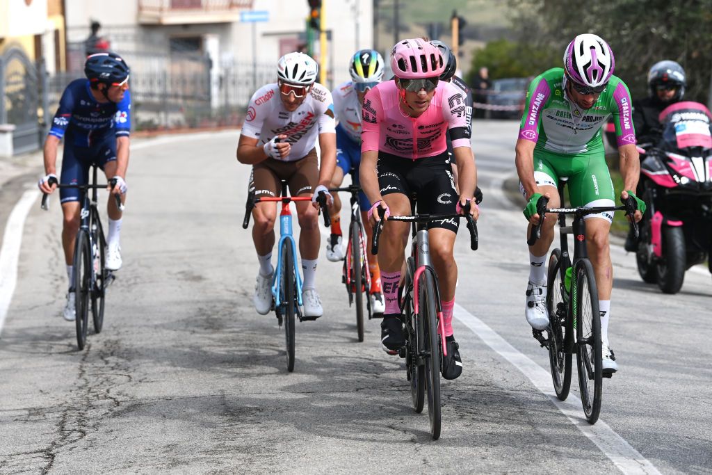 SAN BENEDETTO DEL TRONTO ITALY MARCH 12 LR Mikkel Honor Frlich of Denmark and Team EF Education Easypost and Samuele Zoccarato of Italy and Team Green ProjectBardiani CSFFaizane compete in the breakaway during the 58th TirrenoAdriatico 2023 Stage 7 a 154km stage from San Benedetto del Tronto to San Benedetto del Tronto UCIWT TirrenoAdriatico on March 12 2023 in San Benedetto del Tronto Italy Photo by Tim de WaeleGetty Images