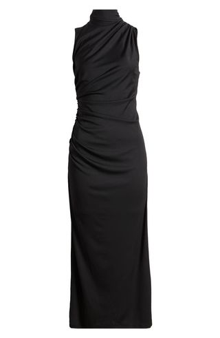 Ruched Mock Neck Sleeveless Maxi Dress