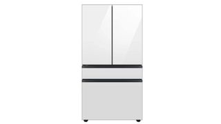 A white, Samsung bespoke refrigerator with four doors on a white background