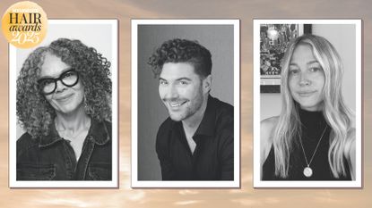 On a pink ombre background, there are headshots of 3 judges for the woman&home hair awards 2025