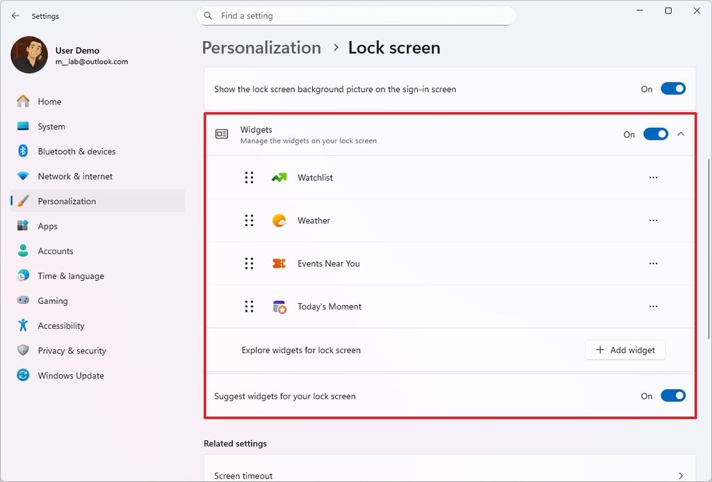 Lock screen new Widgets settings