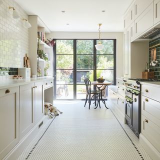 galley style kitchen in light colours and crittall style doors onto garden