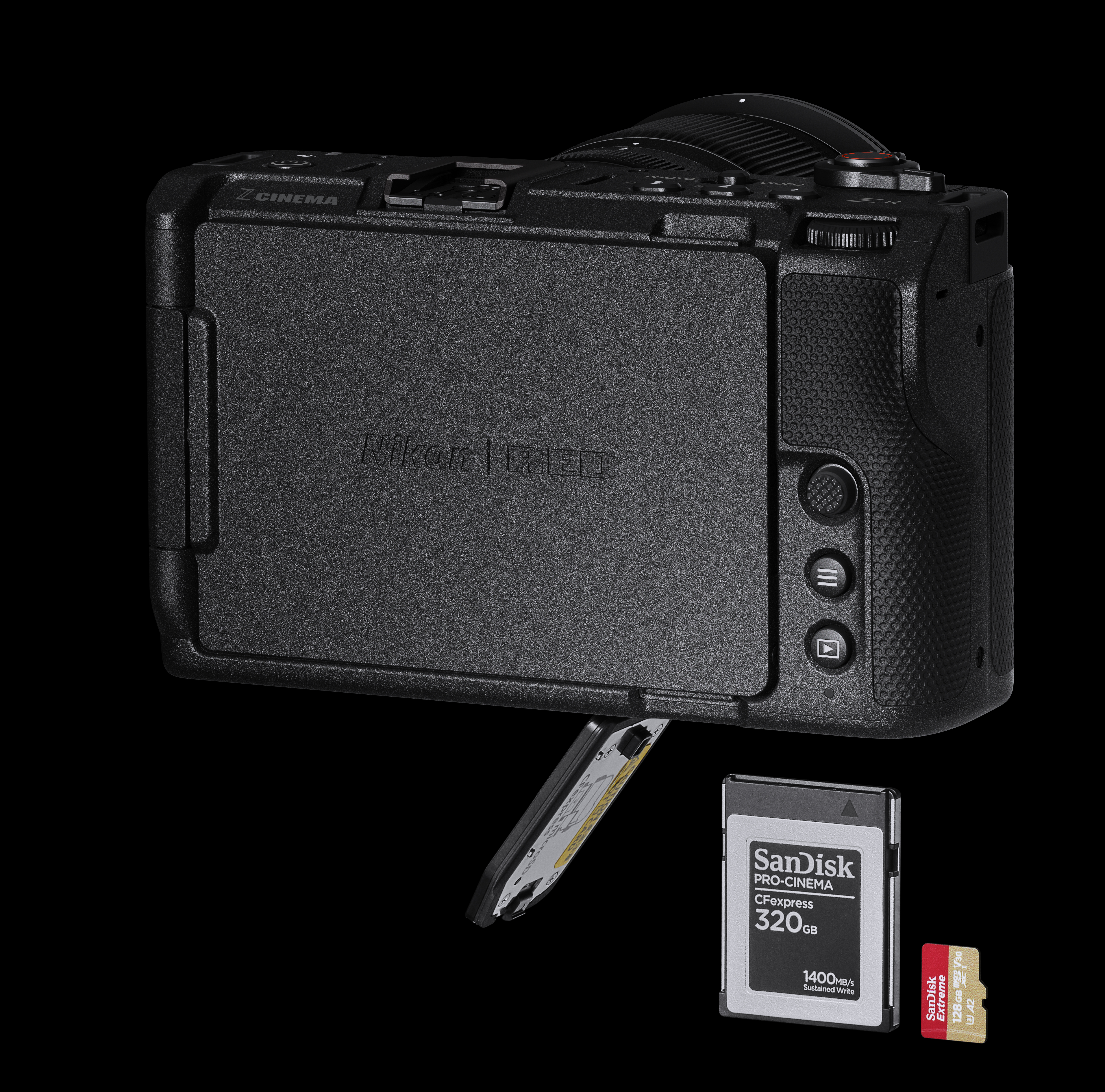 Nikon ZR rear view with CFexpress and MicroSD memory cards
