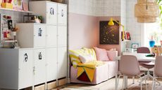 Pink home office by IKEA with communal dining area, plush corner and locker storage