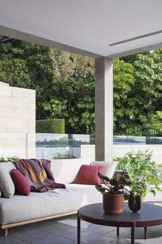 A backyard patio furnished with textures and color