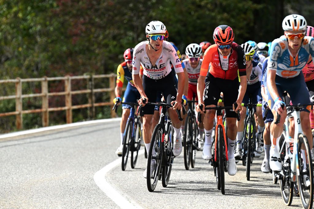 BORGOMANERO ITALY OCTOBER 10 LR Jan Christen of Switzerland and UAE Team Emirates and Thomas Pidcock of The United Kingdom and Team INEOS Grenadiers compete during the 108th Gran Piemonte 2024 a 182km one day race from Valdengo to Borgomanero on October 10 2024 in Borgomanero Italy Photo by Tim de WaeleGetty Images