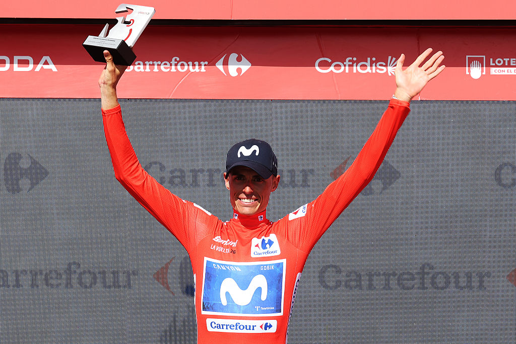 Enric Mas (Movistar) on the podium after stage 16 of the 2026 Vuelta a Espa&amp;ntilde;a in Palos de la Frontera, Spain. (Photo by Alexander Hassenstein/Getty Images)