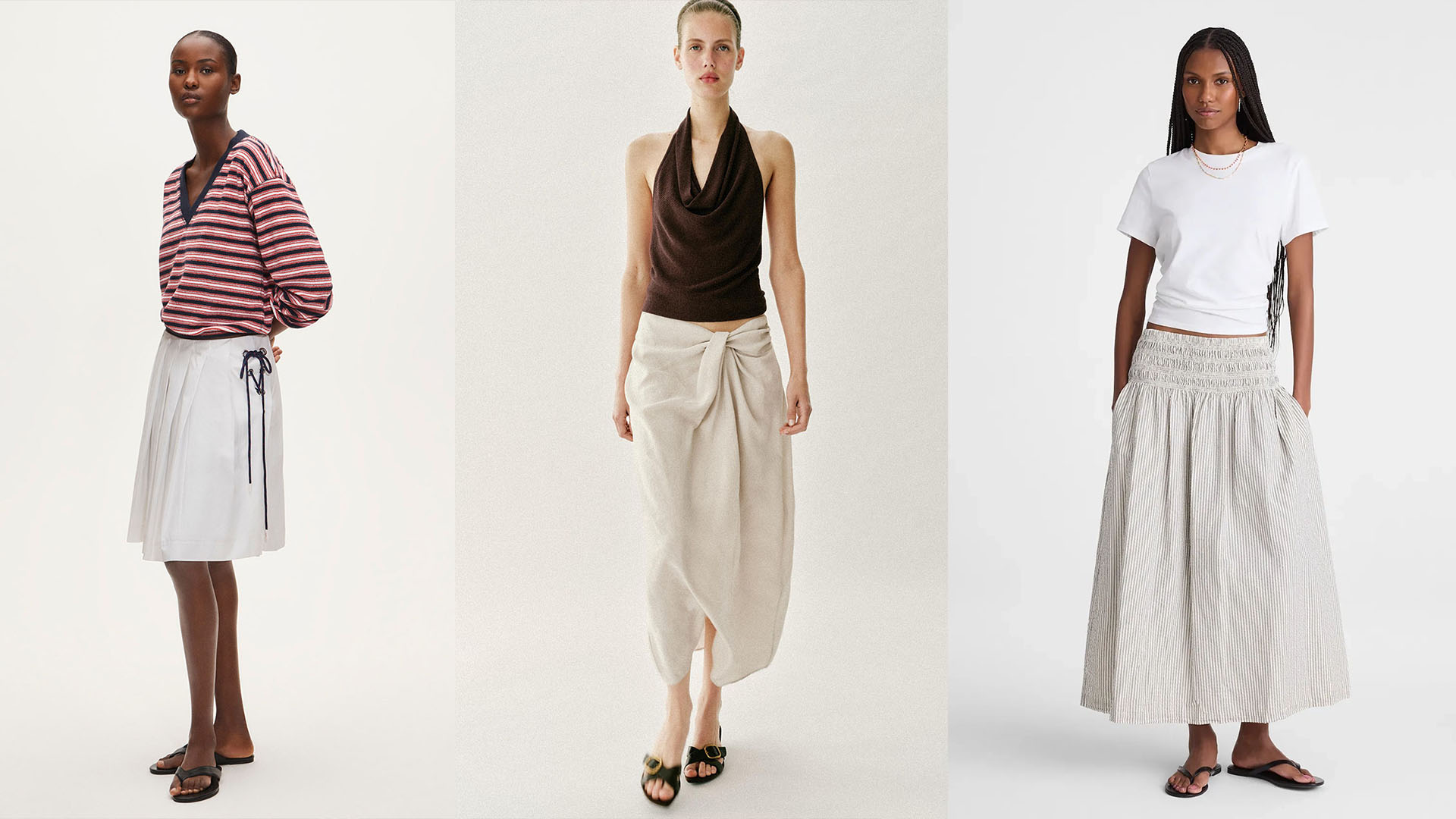 Collage of women wearing summer-friendly skirts.