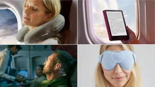 A college of four pictures: A blonde woman wearing a grey neck pillow on flight (top left); someone holding up a Kindle in front of plane window (top right); a man sleeping on flight wearing Philips sleep headphones (bottom left) and blonde woman wearing light blue SOMO sleep mask (bottom right). 