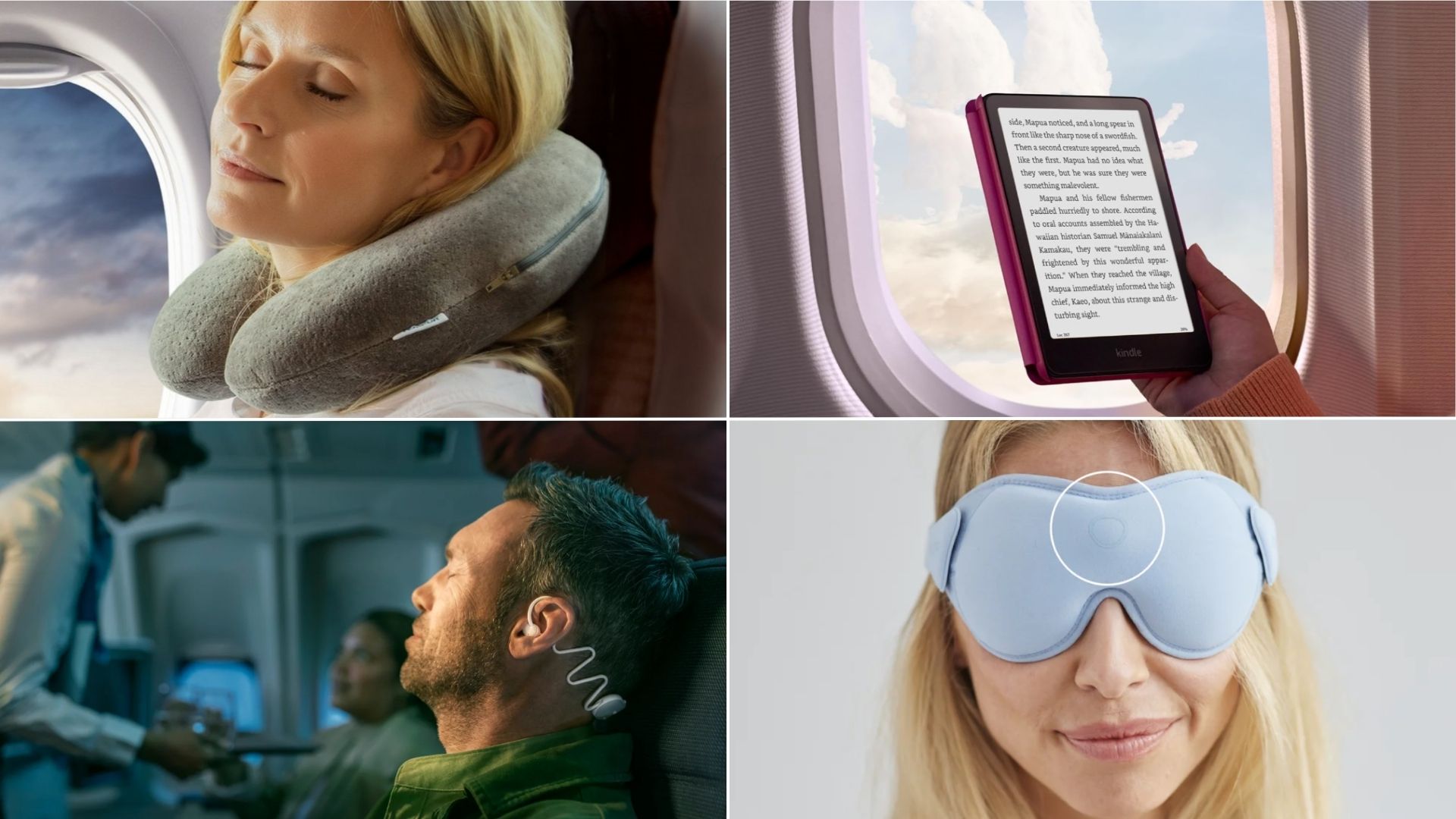 A college of four pictures: A blonde woman wearing a grey neck pillow on flight (top left); someone holding up a Kindle in front of plane window (top right); a man sleeping on flight wearing Philips sleep headphones (bottom left) and blonde woman wearing light blue SOMO sleep mask (bottom right).