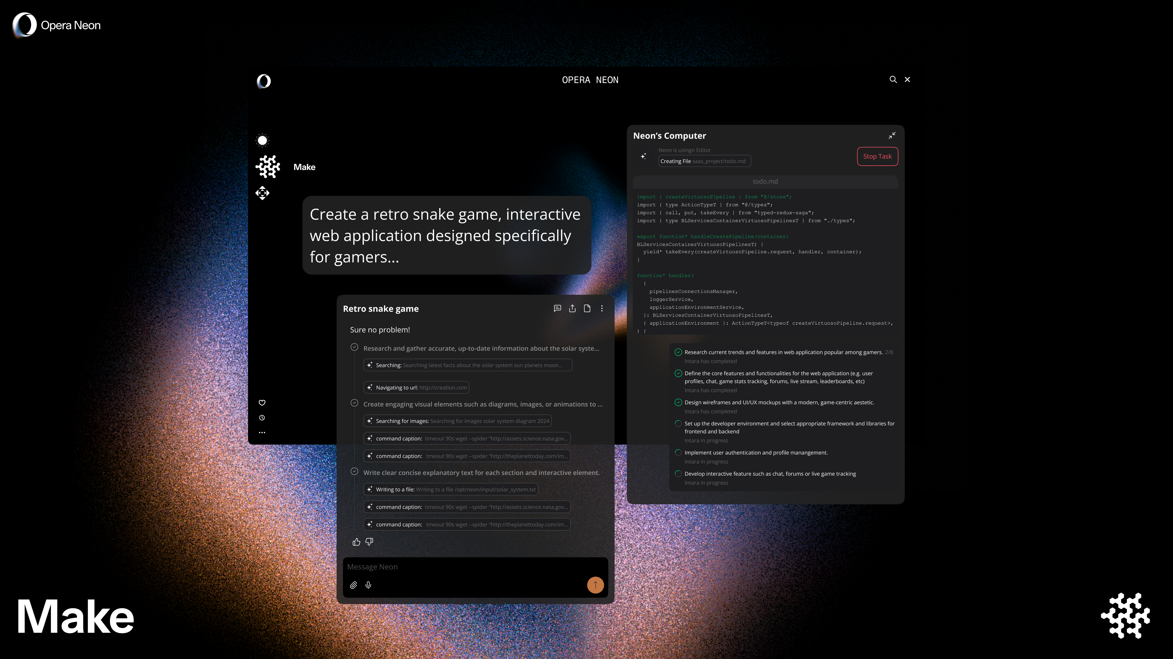 Using Opera Neon's Make mode, and asking the agent to create a retro game.