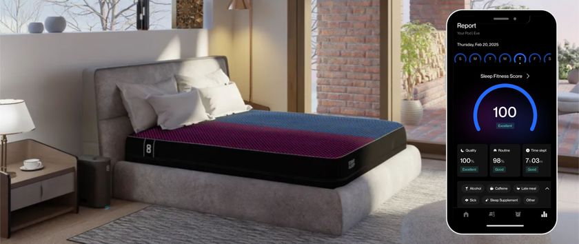 Eight Sleep Pod 4 on bed with suede bed base in light bedroom with iPhone icon showing sleep metrics in Eight Sleep app