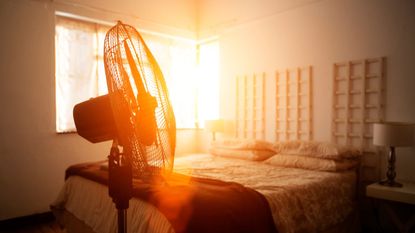 An electric fan next to a modern queen bed with a sunset in the background