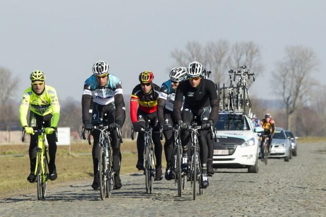 Omega Pharma-Quick Step riders recon the route for Saturday's Omloop Het Nieuwsblad.