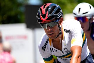 LOBETHAL AUSTRALIA JANUARY 27 Richie Porte of Australia and Team Garmin Australia crosses the finishing line during the 2nd Santos Festival Of Cycling 2022 Mens Elite Stage 1 a 1142km stage from Stirling to Lobethal TourDownUnder on January 27 2022 in Lobethal Australia Photo by Daniel KaliszGetty Images