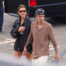Hailey Bieber (L) and Justin Bieber are seen at the Westside Heliport on August 29, 2023 in New York City.