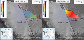 This mosaic of images from the Sentinel-1 satellite show the change in speed of the Larsen C ice sheet from early to late June 2017.