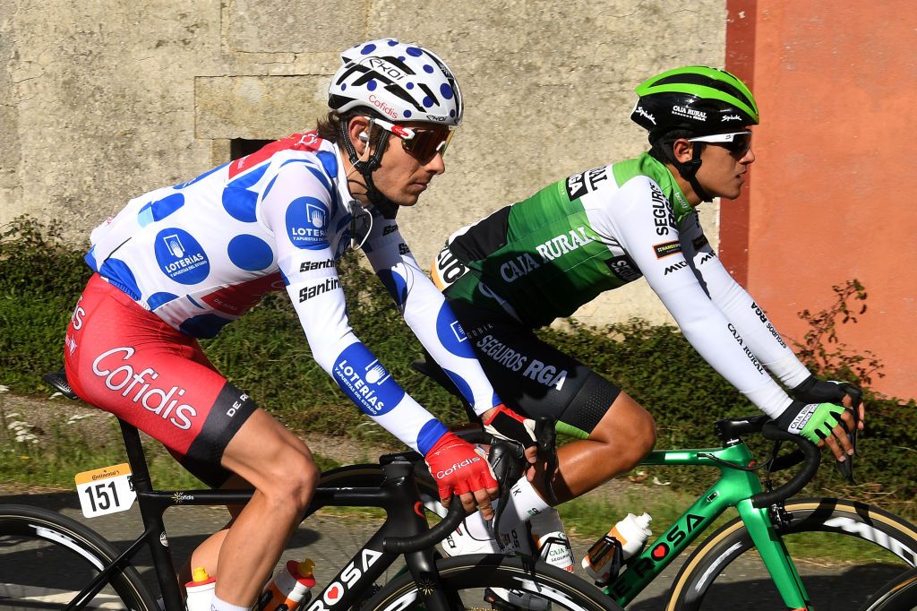 OURENSE SPAIN NOVEMBER 04 Guillaume Martin of France and Team Cofidis Solutions Credits Polka Dot Mountain Jersey Jhojan Orlando Garcia Sosa of Colombia and Team Caja RuralSeguros RGA during the 75th Tour of Spain 2020 Stage 14 a 2047km stage from Lugo to Ourense lavuelta LaVuelta20 La Vuelta on November 04 2020 in Ourense Spain Photo by David RamosGetty Images