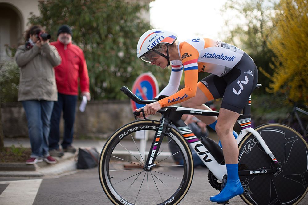 Marianne Vos (NED) of Rabo-Liv Cycling Team reaches the top of the first climb of the 2.8km time trial prologue of Elsy Jacobs