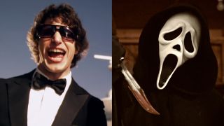 Andy Samberg singing "I'm On A Boat" in Lonely Island music video in a tux and shades / Ghostface posing with a bloody knife