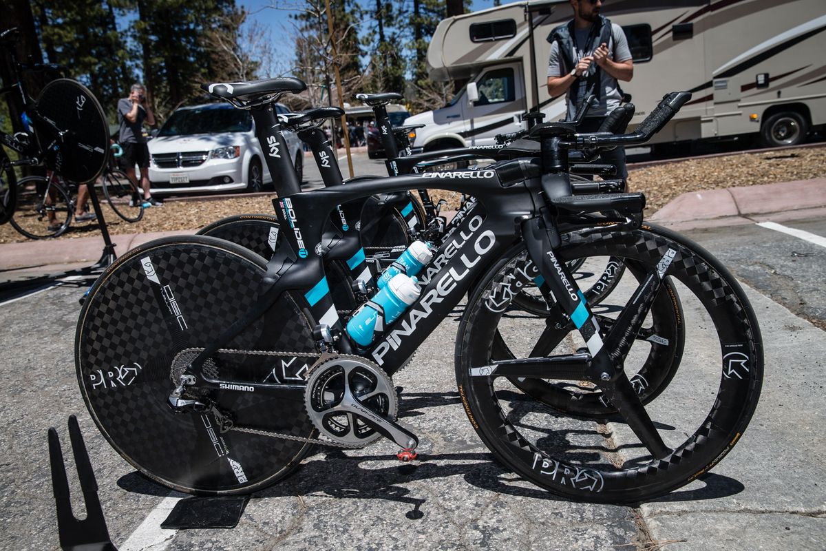 Team Sky's Bolide time trial bikes are yet to have a paint upgrade alongside the road bikes and new Castelli team kit