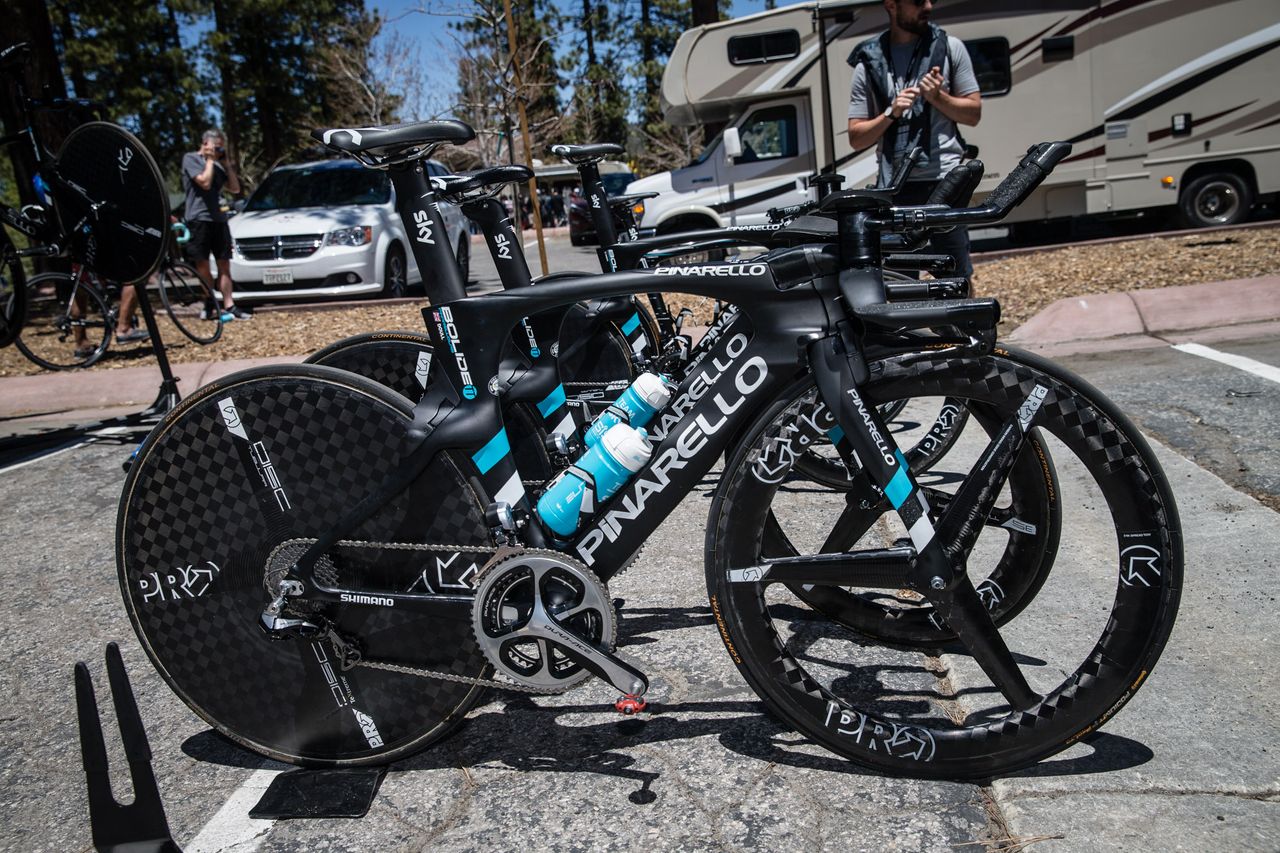 Team Sky's Bolide time trial bikes are yet to have a paint upgrade alongside the road bikes and new Castelli team kit