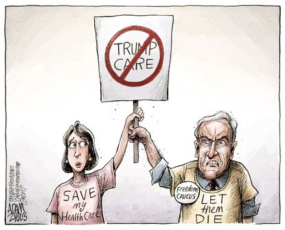 Political Cartoon U.S. Trumpcare protestors House Freedom Caucus Mark Meadows
