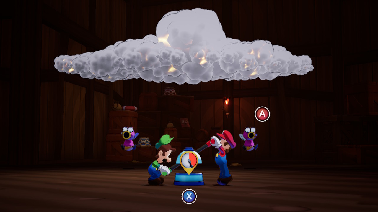 A thundercloud grows above the brothers' heads in Mario & Luigi: Brothership as they crank a machine